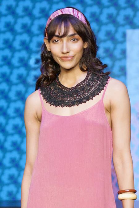 Sandhya Shah_Pink Crepe Embroidery Round Neck Malina Printed Border Slit Dress _Online_at_Aza_Fashions