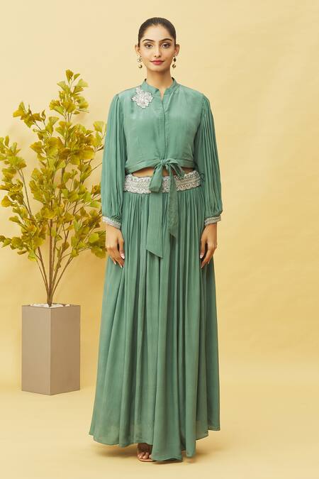 Samyukta Singhania Green Crepe Embroidery, Sequins Split V-neck Top And Flared Skirt Set at Aza Fashions Samyukta Singhania_Green Crepe Embroidery, Sequins Split V-neck Top And Flared Skirt Set_at_Aza_Fashions
