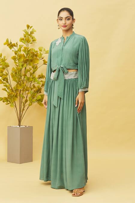 Samyukta Singhania Green Crepe Embroidery, Sequins Split V-neck Top And Flared Skirt Set Online at Aza Fashions Samyukta Singhania_Green Crepe Embroidery, Sequins Split V-neck Top And Flared Skirt Set_Online_at_Aza_Fashions
