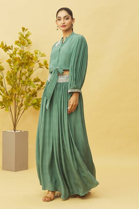 Buy Samyukta Singhania Green Crepe Embroidery, Sequins Split V-neck Top And Flared Skirt Set Online at Aza Fashions Buy_Samyukta Singhania_Green Crepe Embroidery, Sequins Split V-neck Top And Flared Skirt Set_Online_at_Aza_Fashions