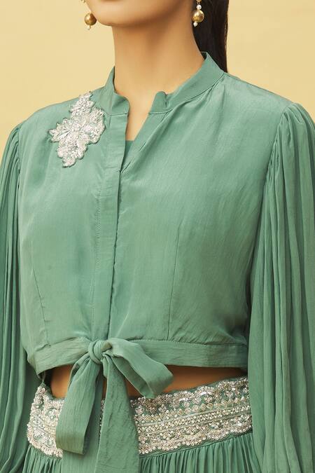 Shop Samyukta Singhania Green Crepe Embroidery, Sequins Split V-neck Top And Flared Skirt Set Online at Aza Fashions Shop_Samyukta Singhania_Green Crepe Embroidery, Sequins Split V-neck Top And Flared Skirt Set_Online_at_Aza_Fashions