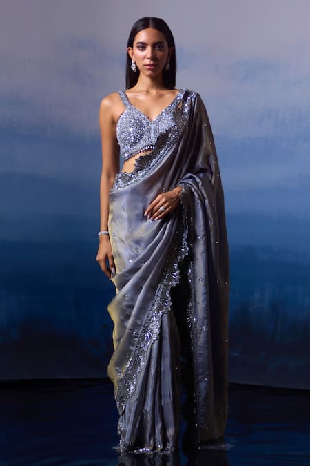 Shop_Angad Singh_Grey Tissue Sequins, Beads Asymmetric Cutwork Embroidered Saree With Blouse 