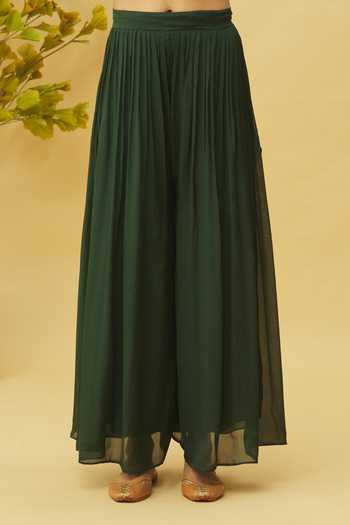Samyukta Singhania_Green Silk, Chiffon Embroidery V-neck Kurta And Palazzo Set_Online_at_Aza_Fashions