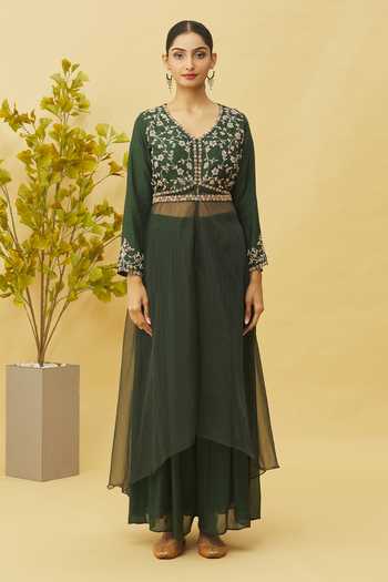 Buy_Samyukta Singhania_Green Silk, Chiffon Embroidery V-neck Kurta And Palazzo Set_Online_at_Aza_Fashions