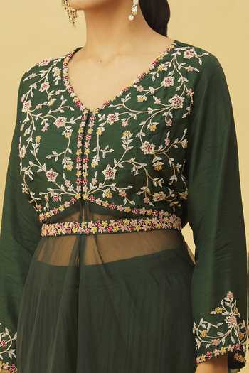 Samyukta Singhania_Green Silk, Chiffon Embroidery V-neck Kurta And Palazzo Set_at_Aza_Fashions