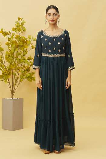 Samyukta Singhania_Blue Bamboo, Viscose Floral Zardozi Embellished Yoke Anarkali With Dupatta_Online_at_Aza_Fashions