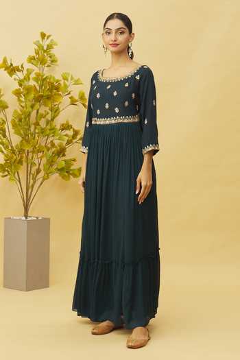 Buy_Samyukta Singhania_Blue Bamboo, Viscose Floral Zardozi Embellished Yoke Anarkali With Dupatta_Online_at_Aza_Fashions