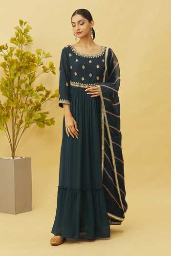 Shop_Samyukta Singhania_Blue Bamboo, Viscose Floral Zardozi Embellished Yoke Anarkali With Dupatta_Online_at_Aza_Fashions