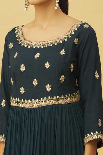 Samyukta Singhania_Blue Bamboo, Viscose Floral Zardozi Embellished Yoke Anarkali With Dupatta_at_Aza_Fashions