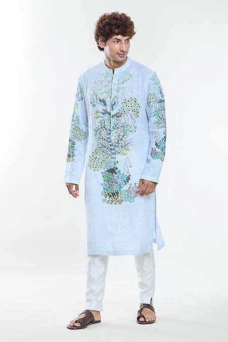 Anamika Khanna_Blue Linen Embroidery Botanic Print Kurta_Online_at_Aza_Fashions