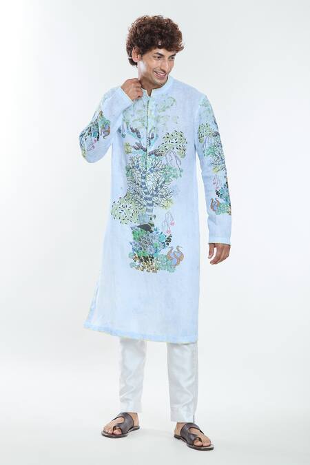 Buy_Anamika Khanna_Blue Linen Embroidery Botanic Print Kurta_Online_at_Aza_Fashions
