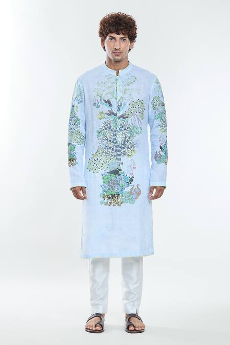 Anamika Khanna_Blue Linen Embroidery Botanic Print Kurta_at_Aza_Fashions