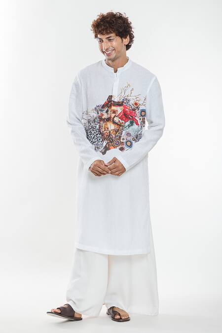 Anamika Khanna White Linen Artwork Print Kurta Online at Aza Fashions Anamika Khanna_White Linen Artwork Print Kurta_Online_at_Aza_Fashions