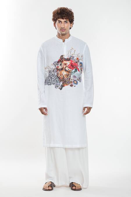 Buy Anamika Khanna White Linen Artwork Print Kurta Online at Aza Fashions Buy_Anamika Khanna_White Linen Artwork Print Kurta_Online_at_Aza_Fashions