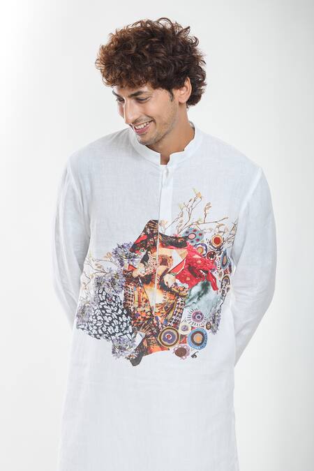 Shop Anamika Khanna White Linen Artwork Print Kurta Online at Aza Fashions Shop_Anamika Khanna_White Linen Artwork Print Kurta_Online_at_Aza_Fashions