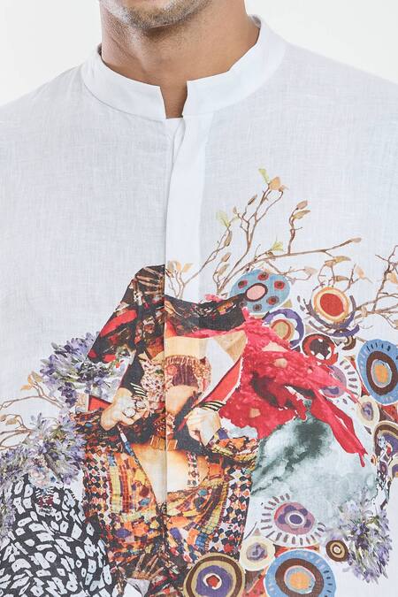 Anamika Khanna White Linen Artwork Print Kurta at Aza Fashions Anamika Khanna_White Linen Artwork Print Kurta_at_Aza_Fashions