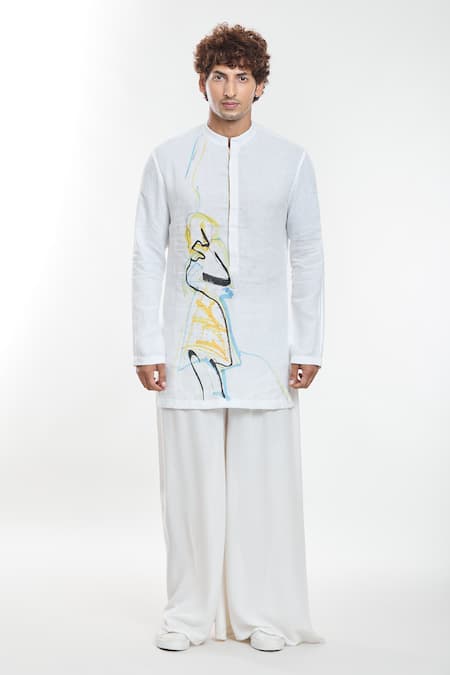 Anamika Khanna_White Linen Embroidery Artwork Print Short Kurta _Online_at_Aza_Fashions