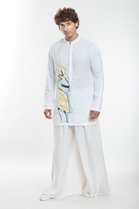 Buy_Anamika Khanna_White Linen Embroidery Artwork Print Short Kurta _Online_at_Aza_Fashions