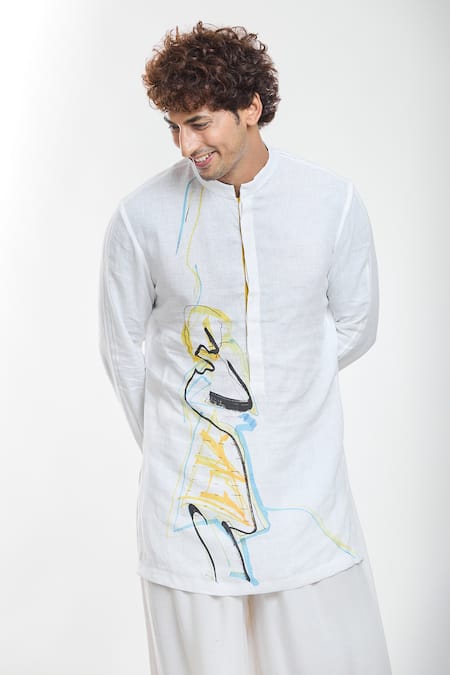 Shop_Anamika Khanna_White Linen Embroidery Artwork Print Short Kurta _Online_at_Aza_Fashions