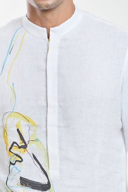 Anamika Khanna_White Linen Embroidery Artwork Print Short Kurta _at_Aza_Fashions