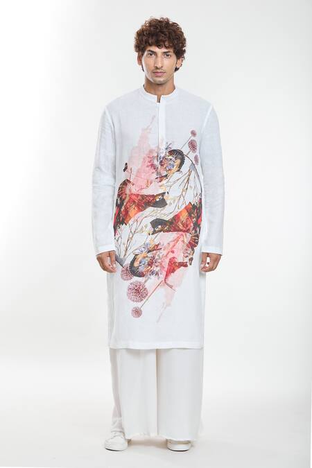Anamika Khanna White Linen Artwork Print Kurta Online at Aza Fashions Anamika Khanna_White Linen Artwork Print Kurta_Online_at_Aza_Fashions