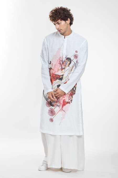 Buy Anamika Khanna White Linen Artwork Print Kurta Online at Aza Fashions Buy_Anamika Khanna_White Linen Artwork Print Kurta_Online_at_Aza_Fashions