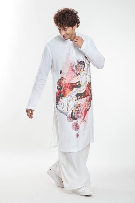 Shop Anamika Khanna White Linen Artwork Print Kurta Online at Aza Fashions Shop_Anamika Khanna_White Linen Artwork Print Kurta_Online_at_Aza_Fashions