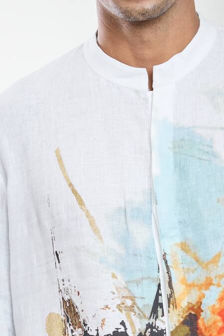 Anamika Khanna_White Linen Abstract Artwork Print Kurta _Online_at_Aza_Fashions