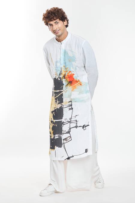 Buy_Anamika Khanna_White Linen Abstract Artwork Print Kurta _Online_at_Aza_Fashions