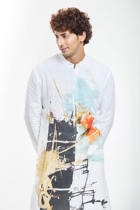 Shop_Anamika Khanna_White Linen Abstract Artwork Print Kurta _Online_at_Aza_Fashions