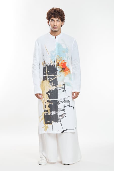 Anamika Khanna_White Linen Abstract Artwork Print Kurta _at_Aza_Fashions