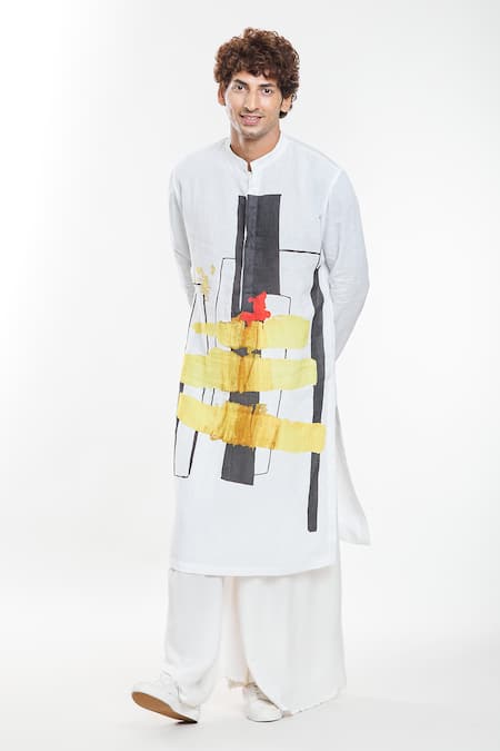 Anamika Khanna White Linen Printed Abstract Kurta 