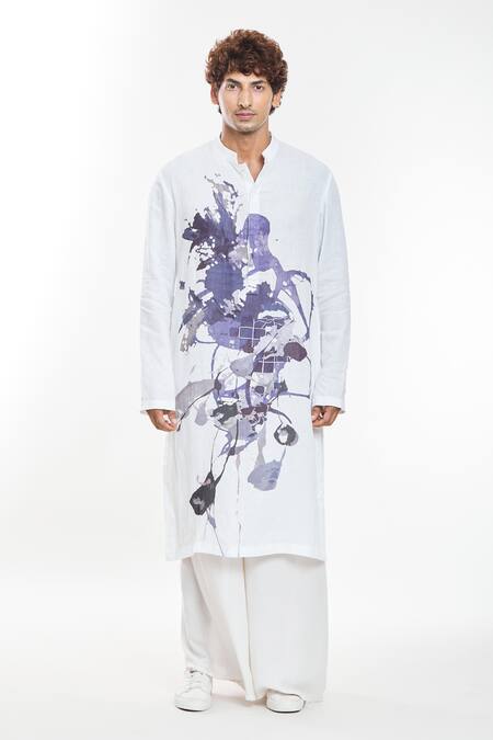 Anamika Khanna_White Linen Abstract Print Kurta _Online_at_Aza_Fashions