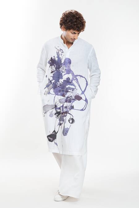 Buy_Anamika Khanna_White Linen Abstract Print Kurta _Online_at_Aza_Fashions