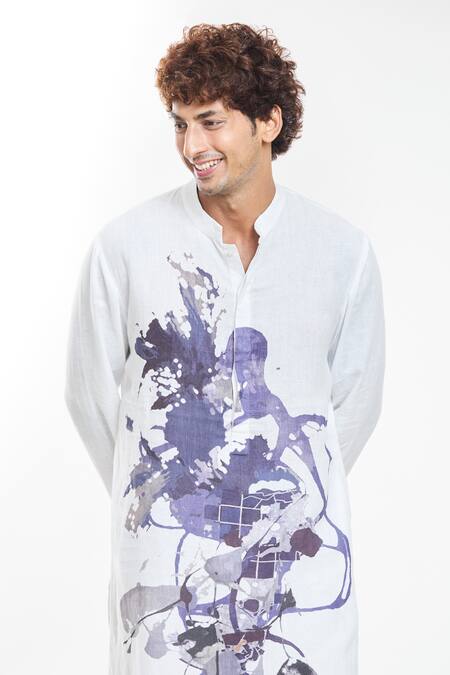 Shop_Anamika Khanna_White Linen Abstract Print Kurta _Online_at_Aza_Fashions