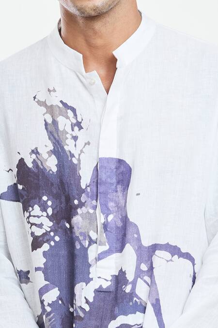 Anamika Khanna_White Linen Abstract Print Kurta _at_Aza_Fashions