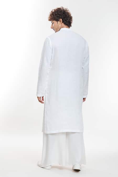 Shop Anamika Khanna White Linen Embroidery Floral Artwork Print Kurta at Aza Fashions Shop_Anamika Khanna_White Linen Embroidery Floral Artwork Print Kurta_at_Aza_Fashions