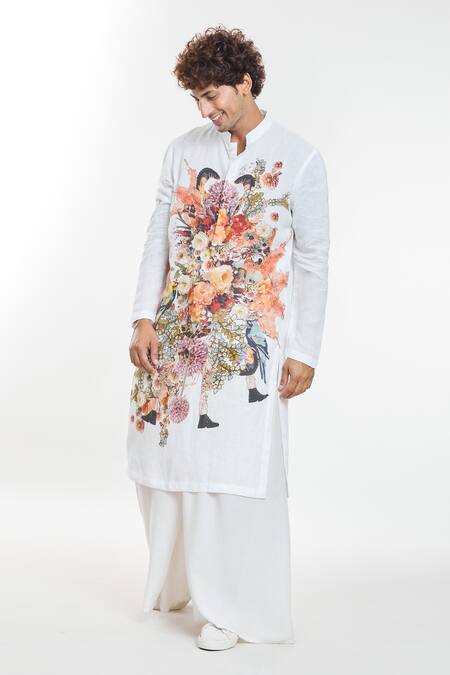Anamika Khanna White Linen Embroidery Floral Artwork Print Kurta Online at Aza Fashions Anamika Khanna_White Linen Embroidery Floral Artwork Print Kurta_Online_at_Aza_Fashions