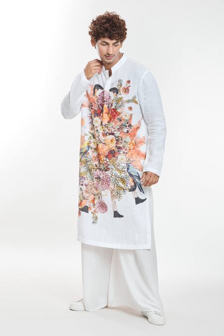 Buy Anamika Khanna White Linen Embroidery Floral Artwork Print Kurta Online at Aza Fashions Buy_Anamika Khanna_White Linen Embroidery Floral Artwork Print Kurta_Online_at_Aza_Fashions