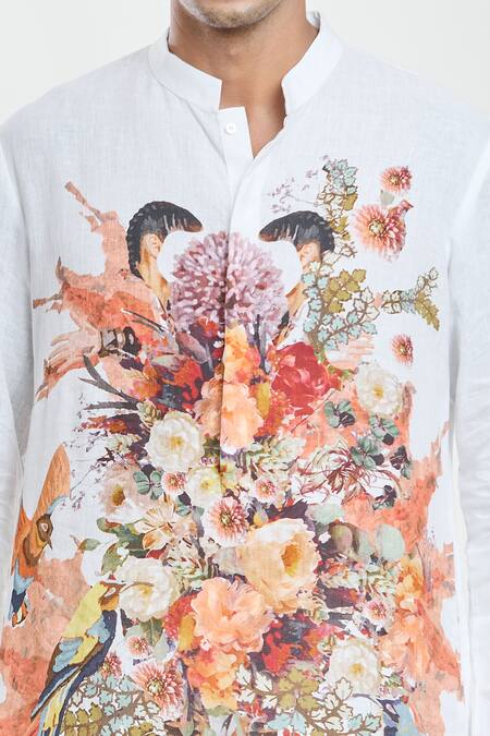 Shop Anamika Khanna White Linen Embroidery Floral Artwork Print Kurta Online at Aza Fashions Shop_Anamika Khanna_White Linen Embroidery Floral Artwork Print Kurta_Online_at_Aza_Fashions