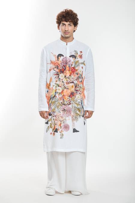 Anamika Khanna White Linen Embroidery Floral Artwork Print Kurta at Aza Fashions Anamika Khanna_White Linen Embroidery Floral Artwork Print Kurta_at_Aza_Fashions