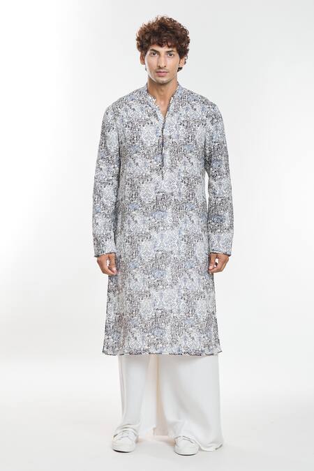 Anamika Khanna_Multi Color Linen Abstract Fleur Print Kurta_Online_at_Aza_Fashions