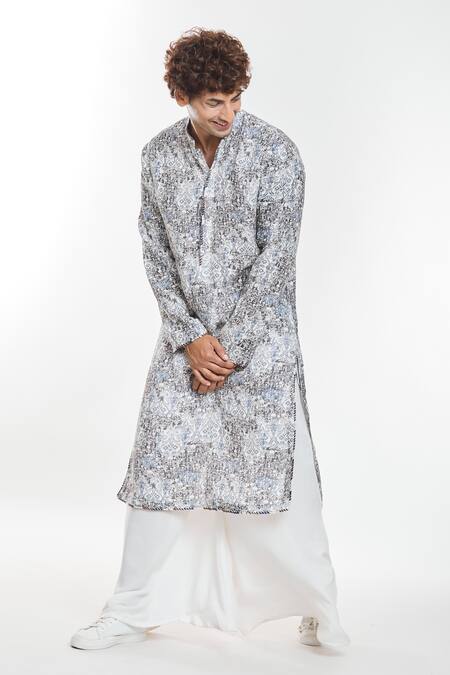 Buy_Anamika Khanna_Multi Color Linen Abstract Fleur Print Kurta_Online_at_Aza_Fashions