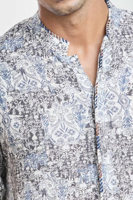 Anamika Khanna_Multi Color Linen Abstract Fleur Print Kurta_at_Aza_Fashions