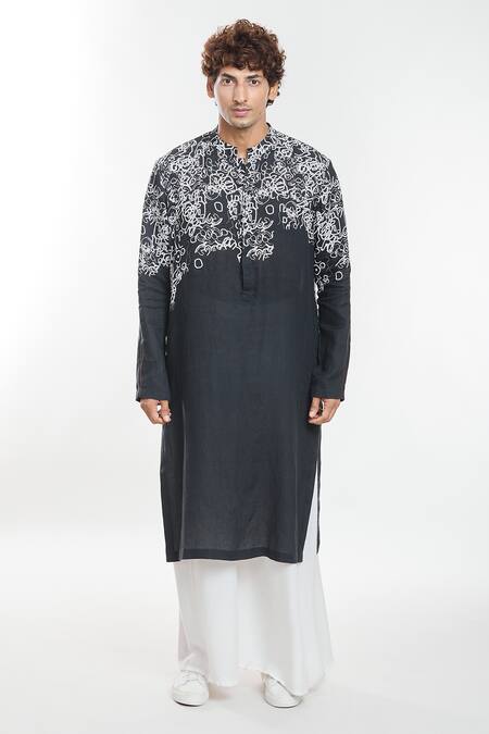 Anamika Khanna Black Linen Embroidery Scribble Artwork Print Kurta Online at Aza Fashions Anamika Khanna_Black Linen Embroidery Scribble Artwork Print Kurta _Online_at_Aza_Fashions