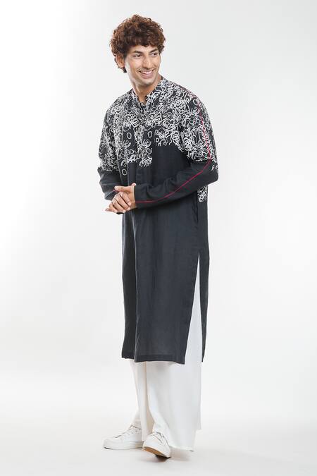 Buy Anamika Khanna Black Linen Embroidery Scribble Artwork Print Kurta Online at Aza Fashions Buy_Anamika Khanna_Black Linen Embroidery Scribble Artwork Print Kurta _Online_at_Aza_Fashions
