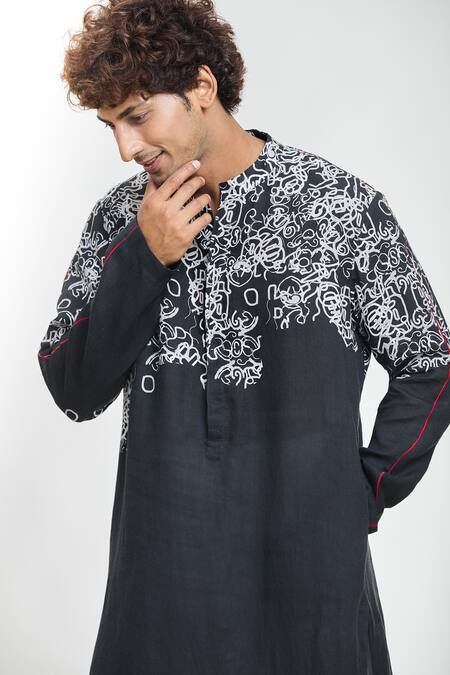 Shop Anamika Khanna Black Linen Embroidery Scribble Artwork Print Kurta Online at Aza Fashions Shop_Anamika Khanna_Black Linen Embroidery Scribble Artwork Print Kurta _Online_at_Aza_Fashions