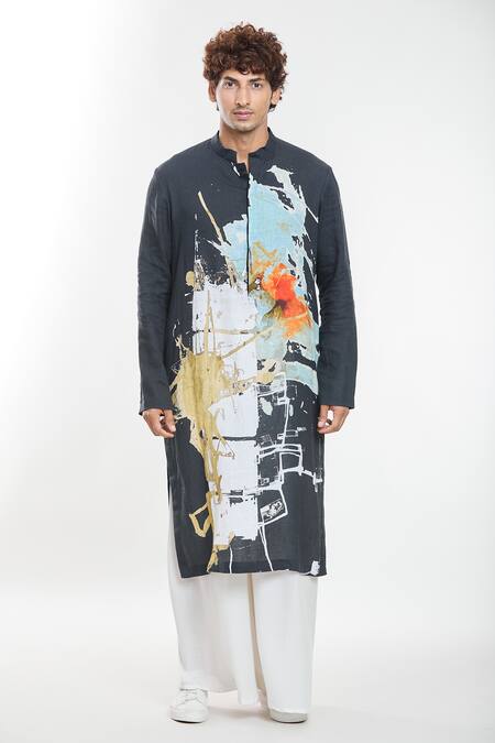 Anamika Khanna_Black Linen All-over Abstract Print Kurta _Online_at_Aza_Fashions