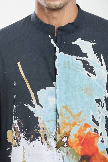 Buy_Anamika Khanna_Black Linen All-over Abstract Print Kurta _Online_at_Aza_Fashions