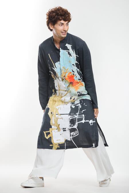 Shop_Anamika Khanna_Black Linen All-over Abstract Print Kurta _Online_at_Aza_Fashions